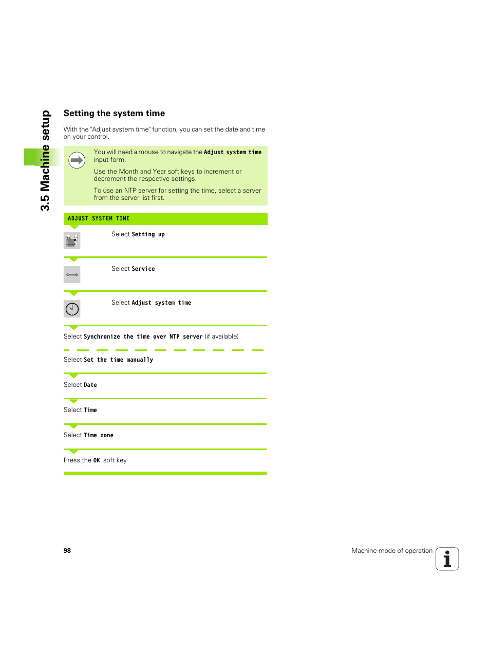 Setting the system time, 5 mac h ine set u p | HEIDENHAIN SW 54843x-02 User Manual | Page 98 / 619