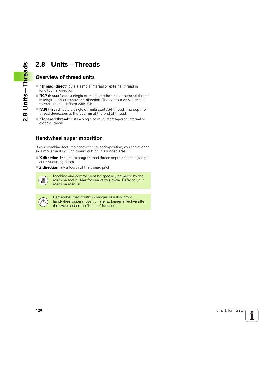 8 units—threads, Overview of thread units, Handwheel superimposition | 8 units—thr eads 2.8 units—threads | HEIDENHAIN SW 54843x-02 DIN Programming User Manual | Page 120 / 601