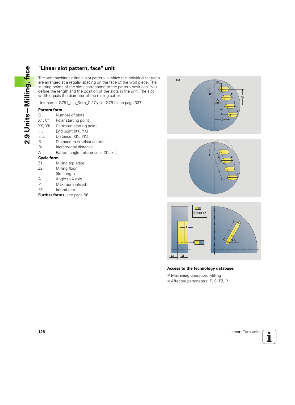Linear slot pattern, face" unit, 9 units—milling, f a ce | HEIDENHAIN SW 54843x-02 DIN Programming User Manual | Page 128 / 601