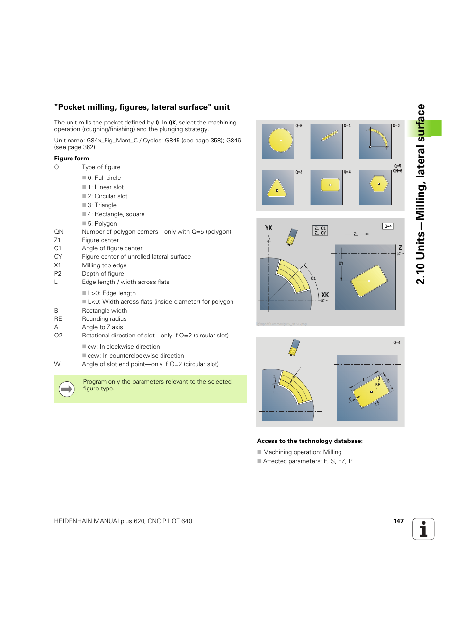 Pocket milling, figures, lateral surface" unit, 1 0 units—milling, lat e ra l surf ace | HEIDENHAIN SW 54843x-02 DIN Programming User Manual | Page 147 / 601