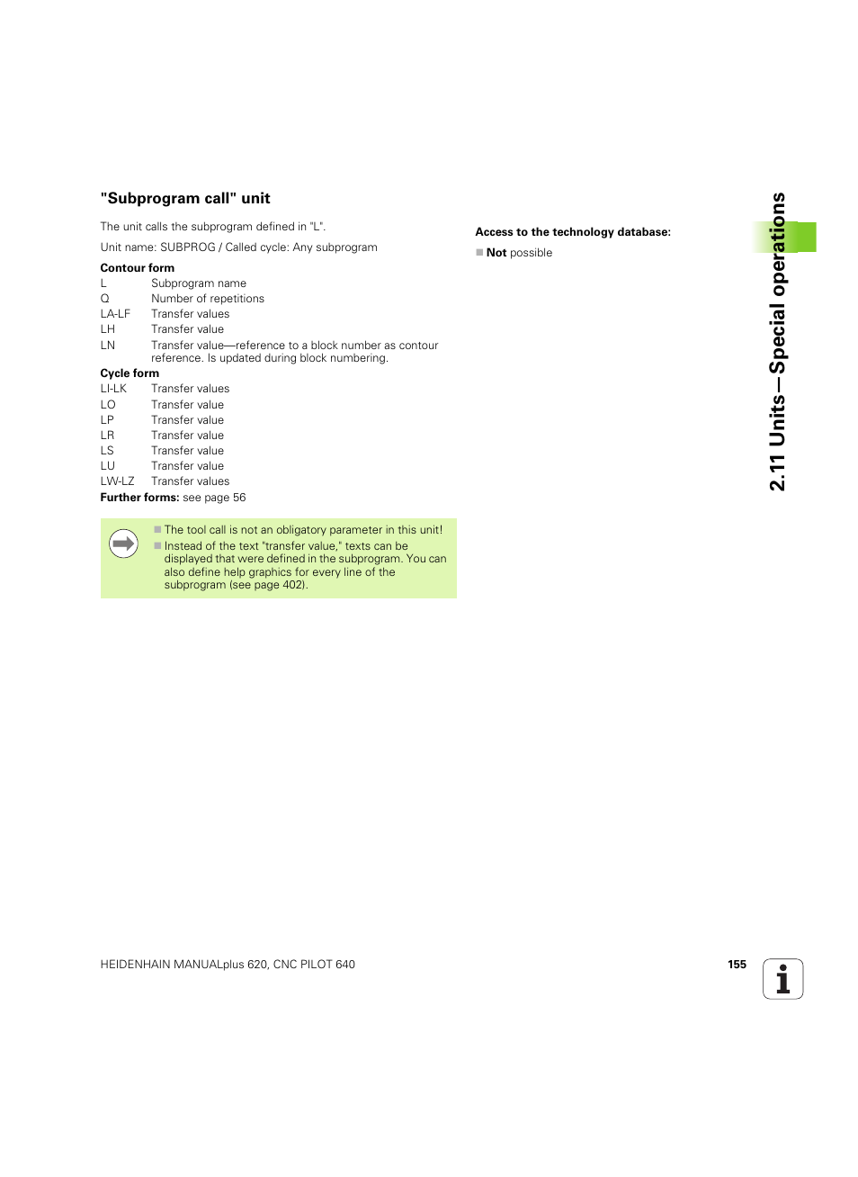 Subprogram call" unit, 1 1 units—special oper ations | HEIDENHAIN SW 54843x-02 DIN Programming User Manual | Page 155 / 601