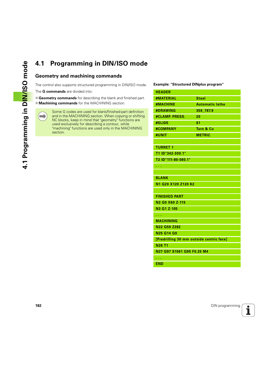 1 programming in din/iso mode, Geometry and machining commands | HEIDENHAIN SW 54843x-02 DIN Programming User Manual | Page 182 / 601