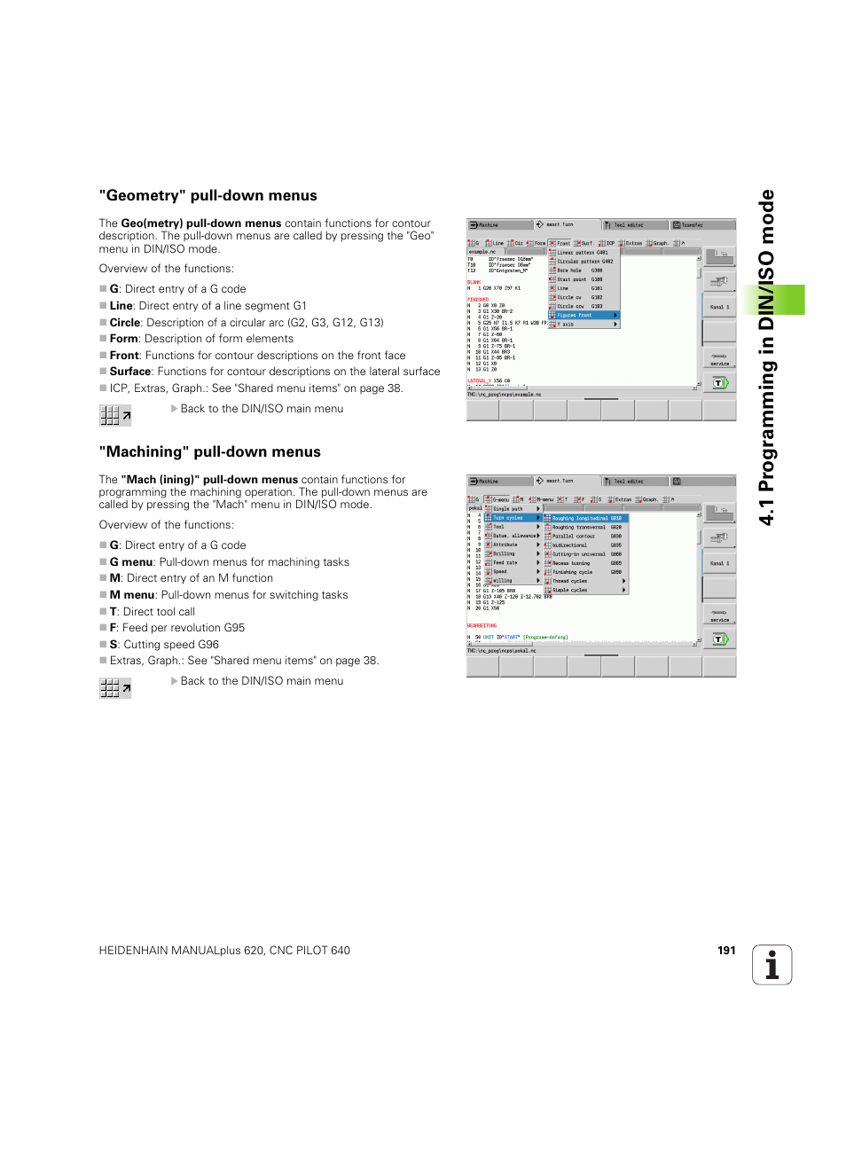 Geometry" pull-down menus, Machining" pull-down menus, 1 pr ogr amming in din/iso mode | HEIDENHAIN SW 54843x-02 DIN Programming User Manual | Page 191 / 601