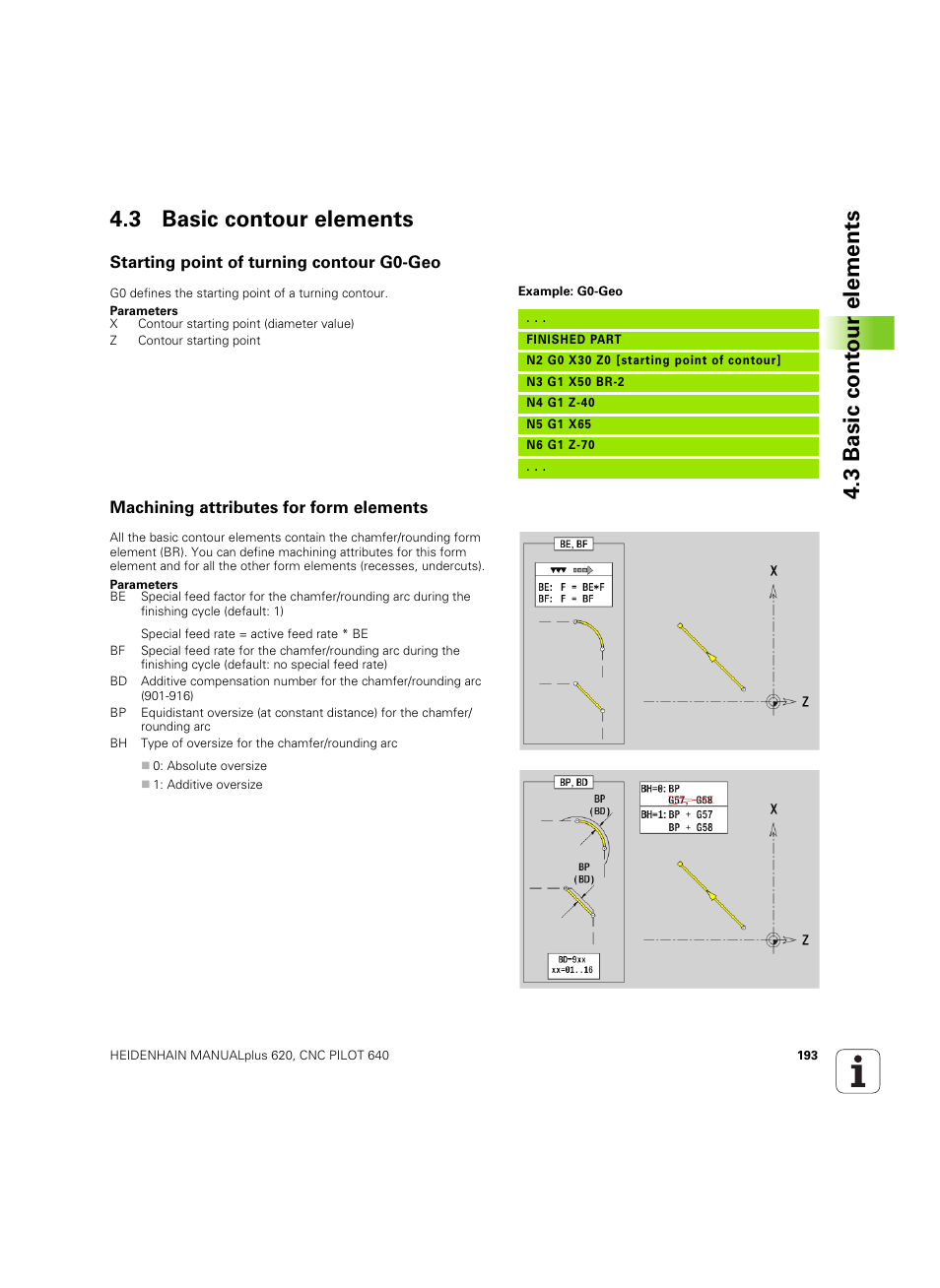 3 basic contour elements, Starting point of turning contour g0-geo, Machining attributes for form elements | HEIDENHAIN SW 54843x-02 DIN Programming User Manual | Page 193 / 601