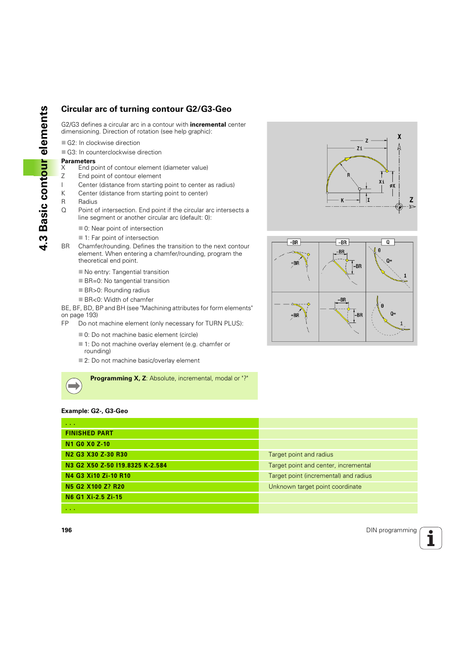 Circular arc of turning contour g2/g3-geo, 3 basic cont our elements | HEIDENHAIN SW 54843x-02 DIN Programming User Manual | Page 196 / 601