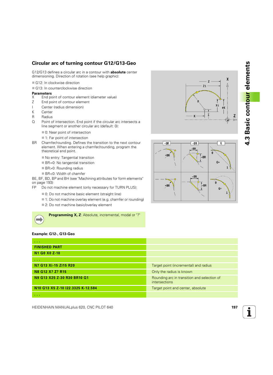 Circular arc of turning contour g12/g13-geo, 3 basic cont our elements | HEIDENHAIN SW 54843x-02 DIN Programming User Manual | Page 197 / 601