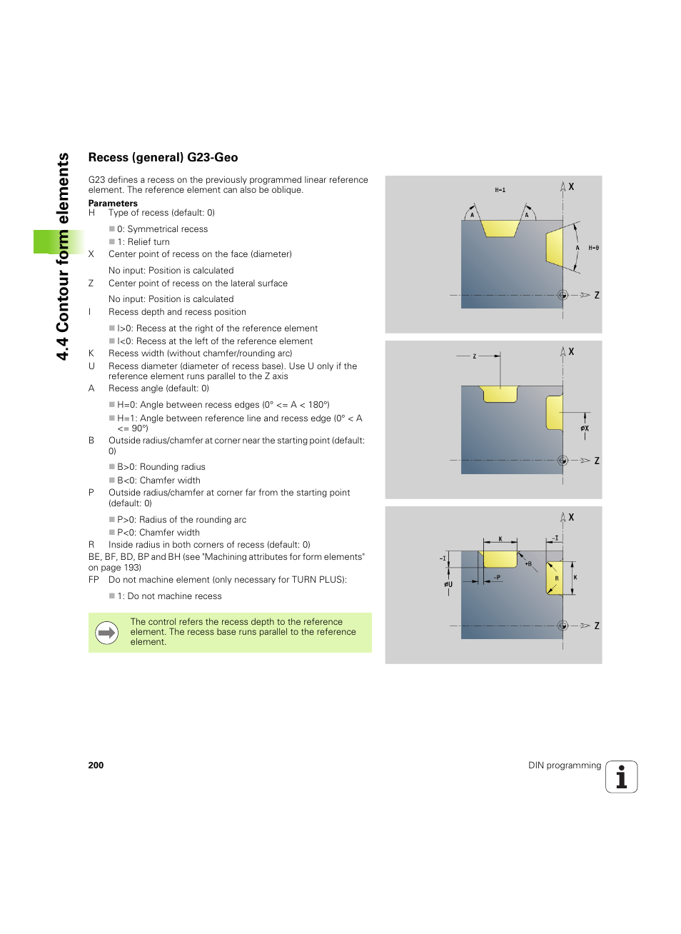 Recess (general) g23-geo, 4 cont our f o rm elements | HEIDENHAIN SW 54843x-02 DIN Programming User Manual | Page 200 / 601
