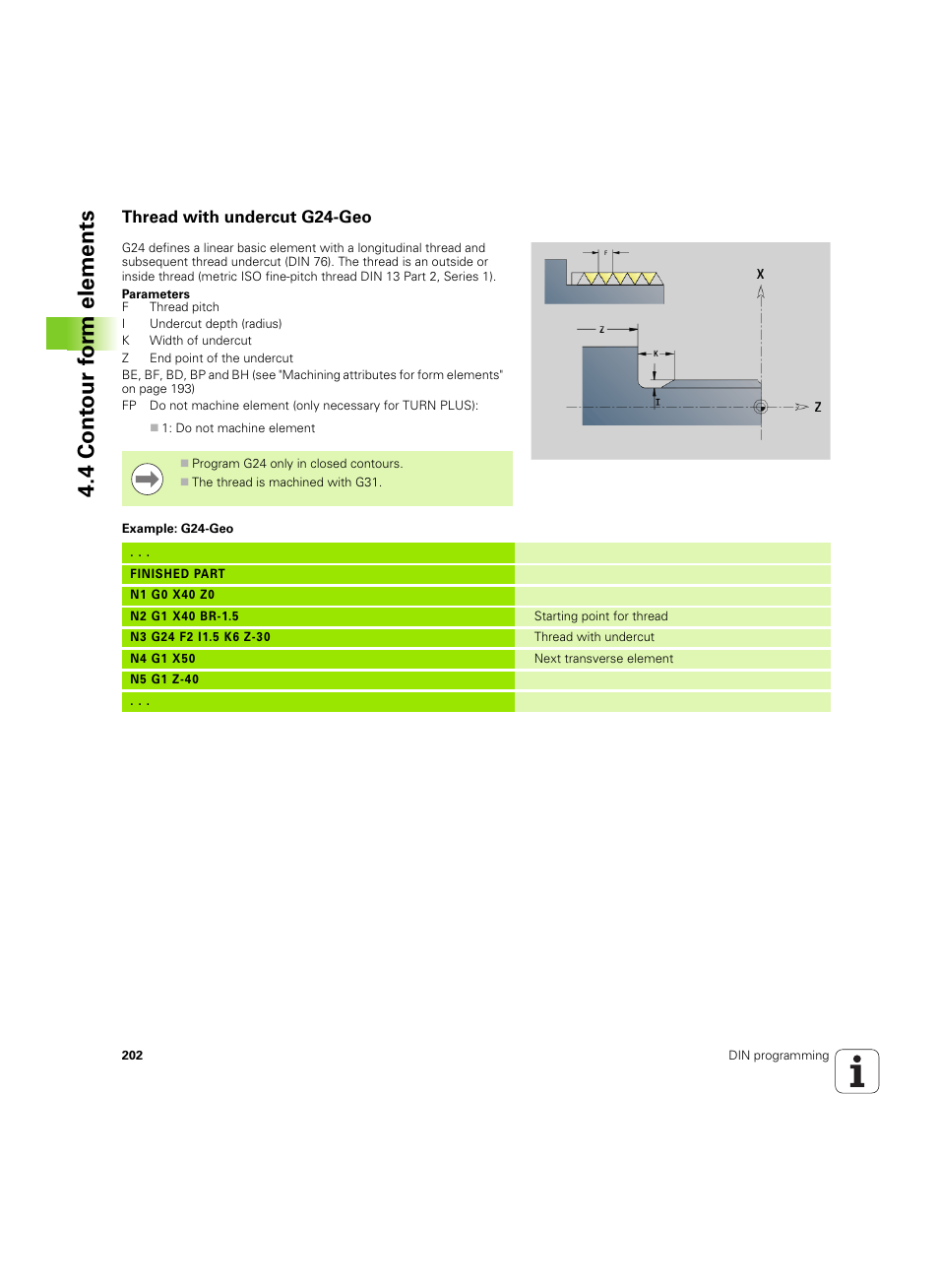 Thread with undercut g24-geo, 4 cont our f o rm elements | HEIDENHAIN SW 54843x-02 DIN Programming User Manual | Page 202 / 601