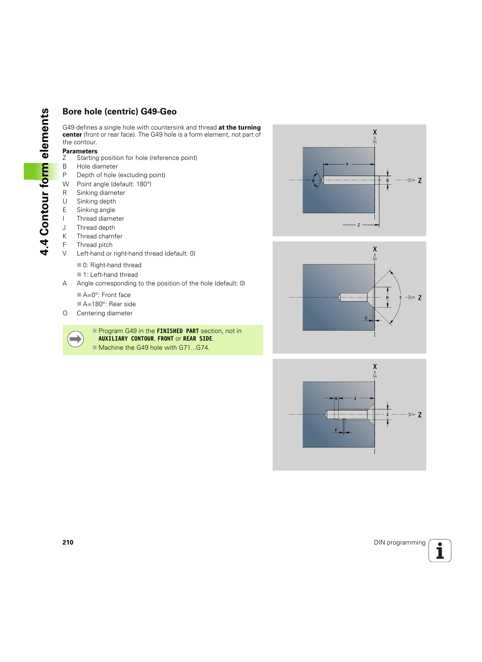 Bore hole (centric) g49-geo, 4 cont our f o rm elements | HEIDENHAIN SW 54843x-02 DIN Programming User Manual | Page 210 / 601
