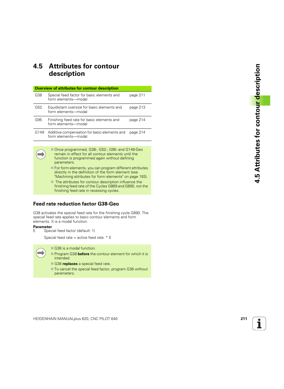 5 attributes for contour description, Feed rate reduction factor g38-geo | HEIDENHAIN SW 54843x-02 DIN Programming User Manual | Page 211 / 601