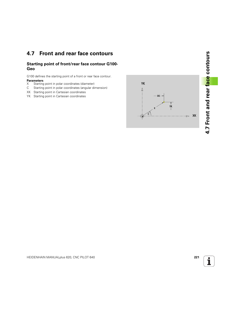 7 front and rear face contours, Starting point of front/rear face contour g100-geo | HEIDENHAIN SW 54843x-02 DIN Programming User Manual | Page 221 / 601