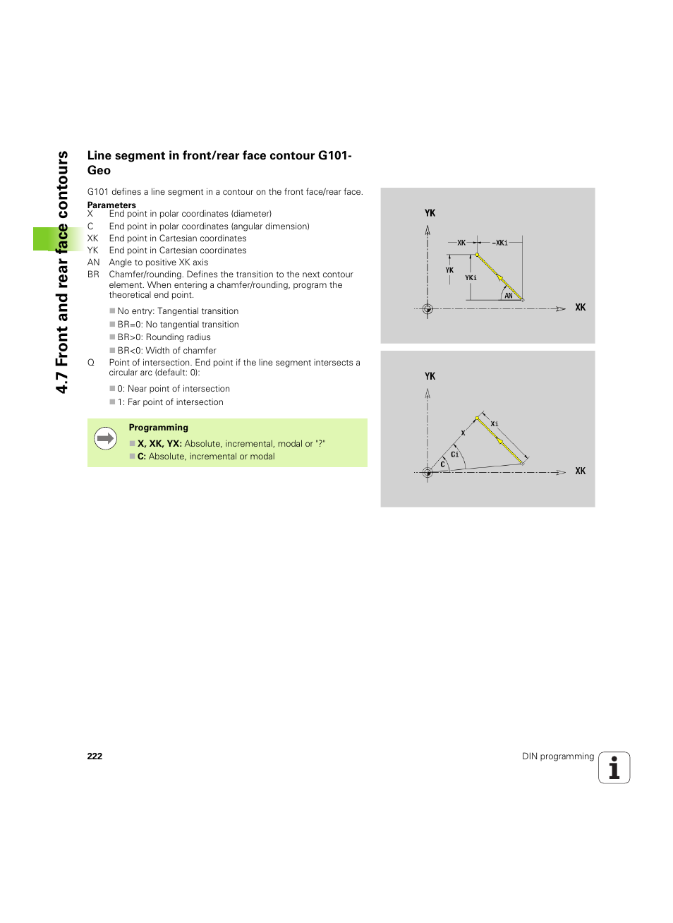 Line segment in front/rear face contour g101- geo, Line segment in front/rear face contour g101-geo, 7 f ront and r ear f a ce cont ours | HEIDENHAIN SW 54843x-02 DIN Programming User Manual | Page 222 / 601