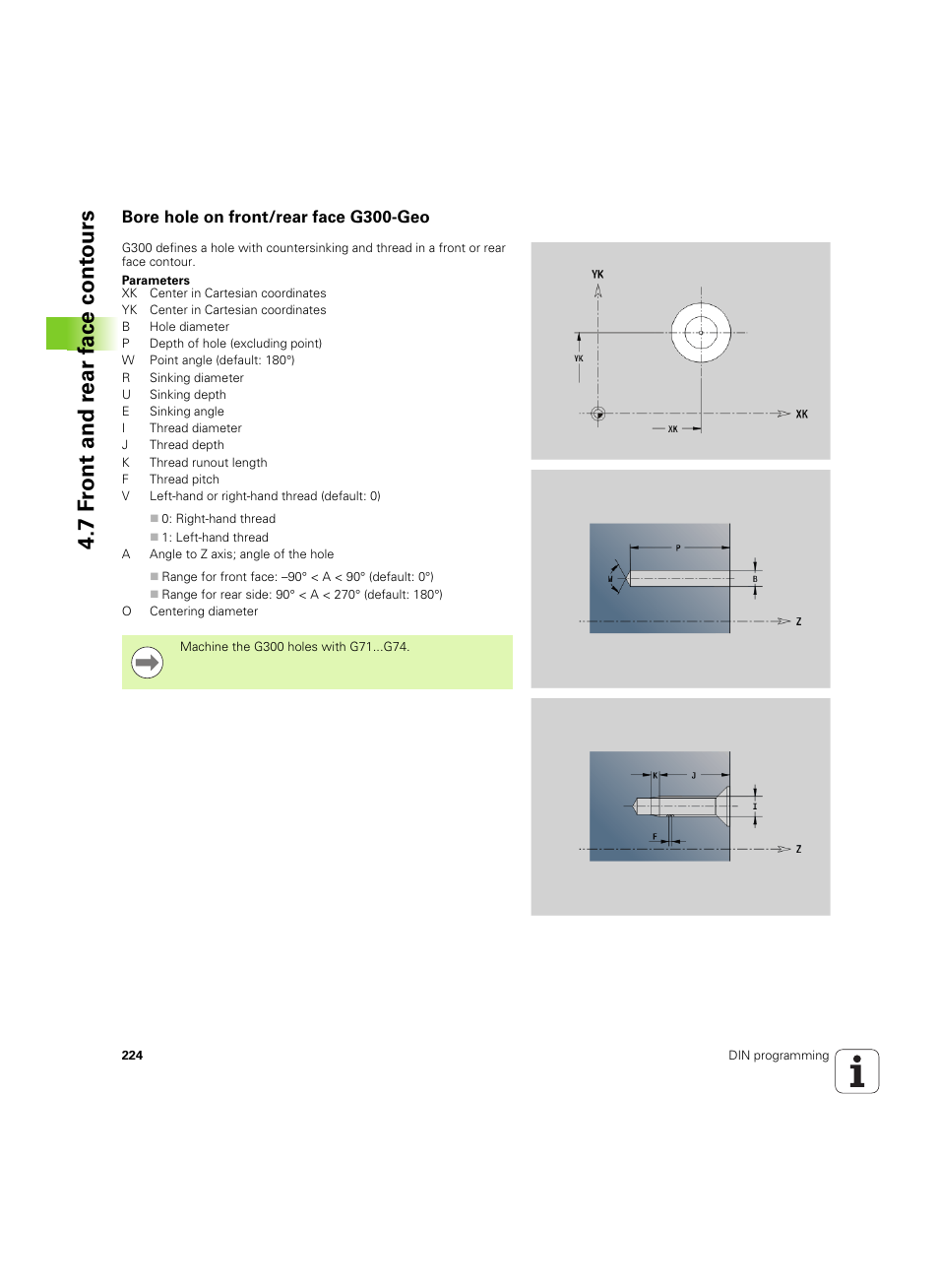 Bore hole on front/rear face g300-geo, 7 f ront and r ear f a ce cont ours | HEIDENHAIN SW 54843x-02 DIN Programming User Manual | Page 224 / 601