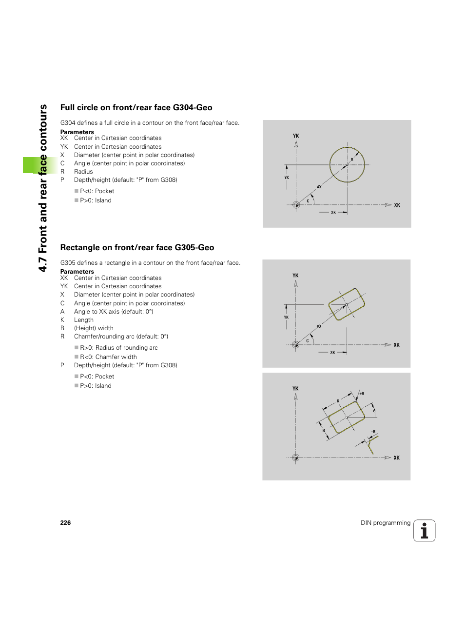Full circle on front/rear face g304-geo, Rectangle on front/rear face g305-geo, 7 f ront and r ear f a ce cont ours | HEIDENHAIN SW 54843x-02 DIN Programming User Manual | Page 226 / 601