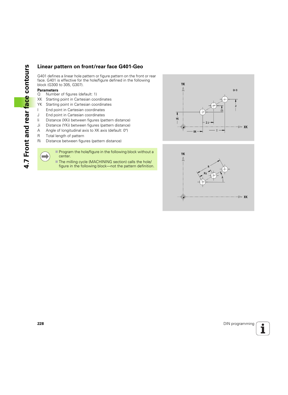 Linear pattern on front/rear face g401-geo, 7 f ront and r ear f a ce cont ours | HEIDENHAIN SW 54843x-02 DIN Programming User Manual | Page 228 / 601