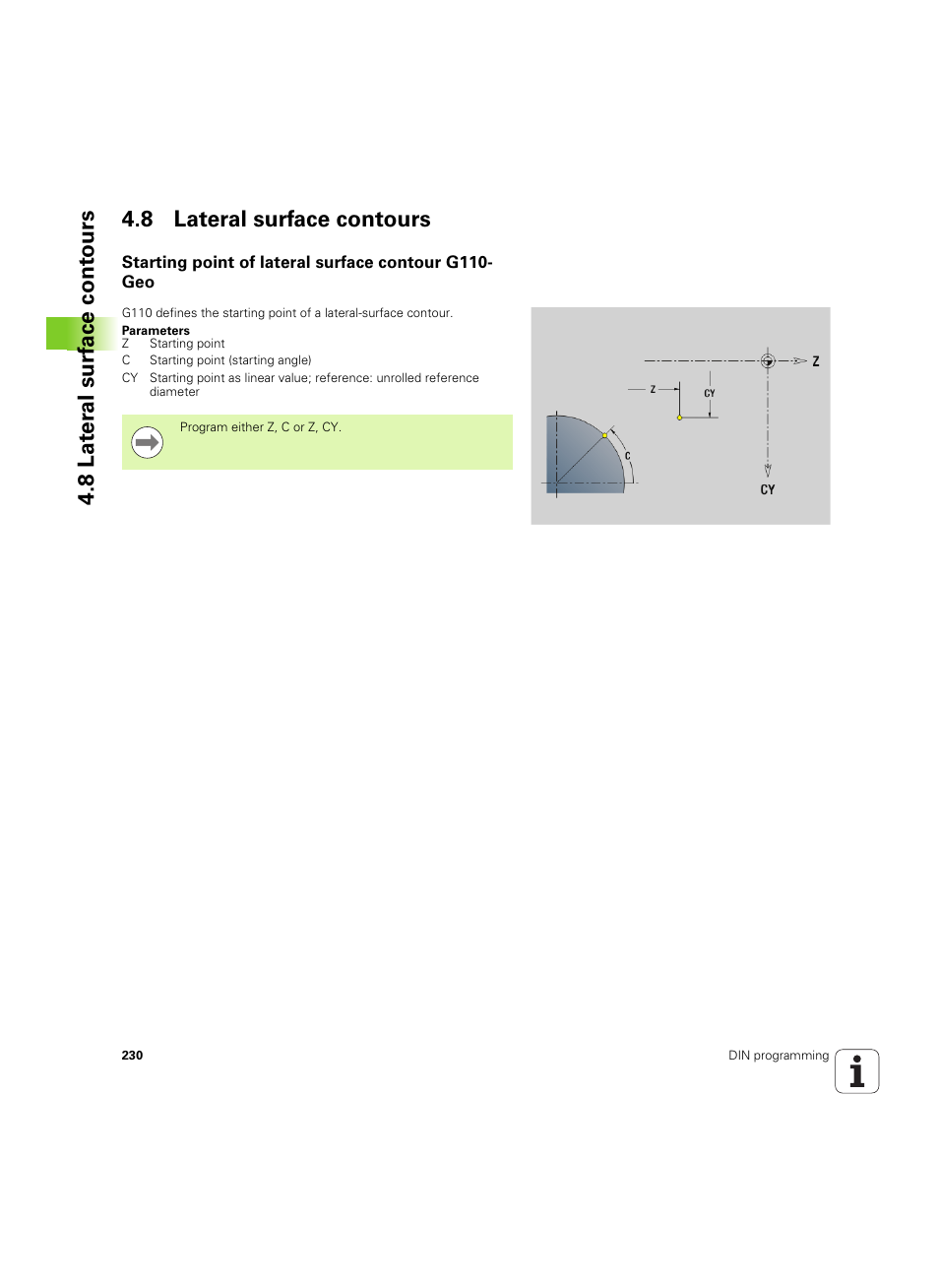8 lateral surface contours, Starting point of lateral surface contour g110-geo | HEIDENHAIN SW 54843x-02 DIN Programming User Manual | Page 230 / 601