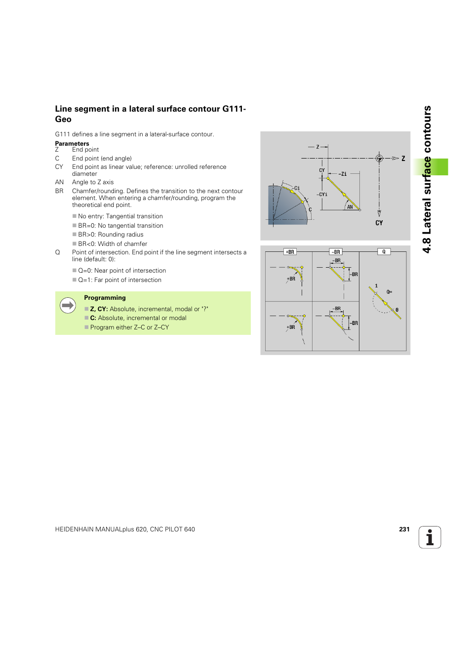 Line segment in a lateral surface contour g111-geo, 8 lat er al surf ace cont ours | HEIDENHAIN SW 54843x-02 DIN Programming User Manual | Page 231 / 601