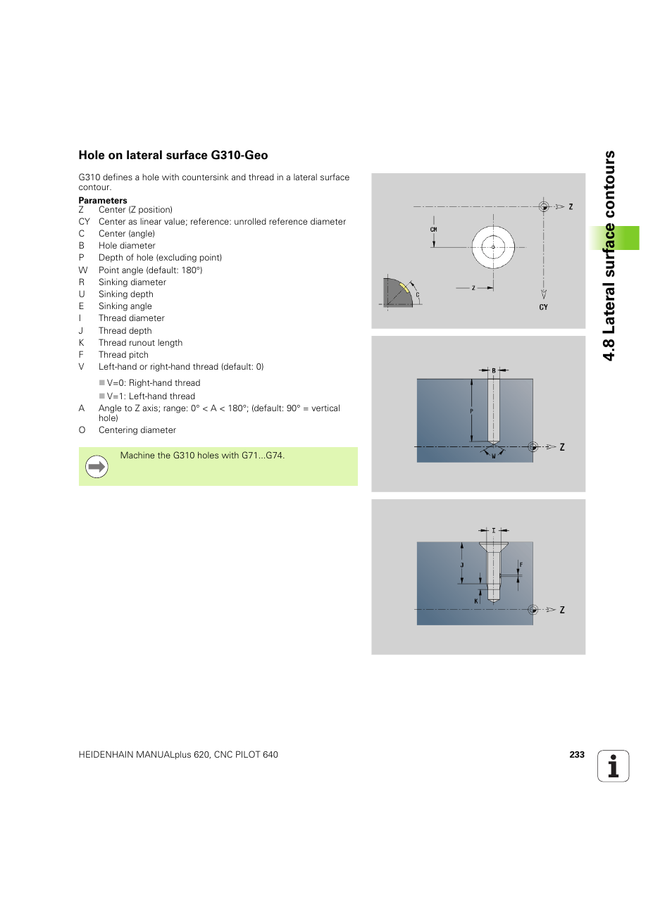 Hole on lateral surface g310-geo, 8 lat er al surf ace cont ours | HEIDENHAIN SW 54843x-02 DIN Programming User Manual | Page 233 / 601