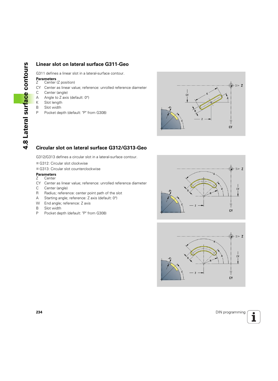 Linear slot on lateral surface g311-geo, Circular slot on lateral surface g312/g313-geo, 8 lat er al surf ace cont ours | HEIDENHAIN SW 54843x-02 DIN Programming User Manual | Page 234 / 601