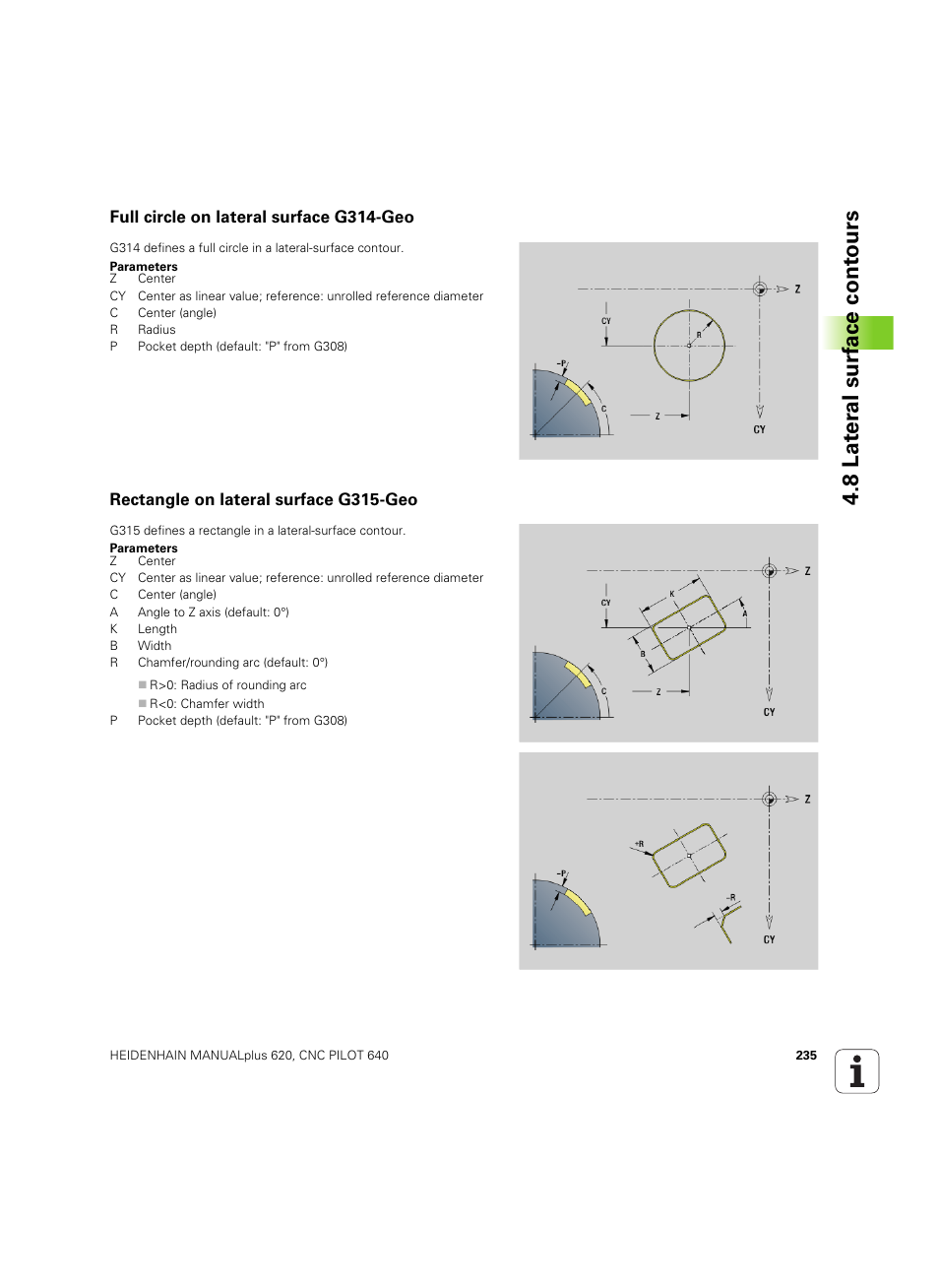 Full circle on lateral surface g314-geo, Rectangle on lateral surface g315-geo, 8 lat er al surf ace cont ours | HEIDENHAIN SW 54843x-02 DIN Programming User Manual | Page 235 / 601