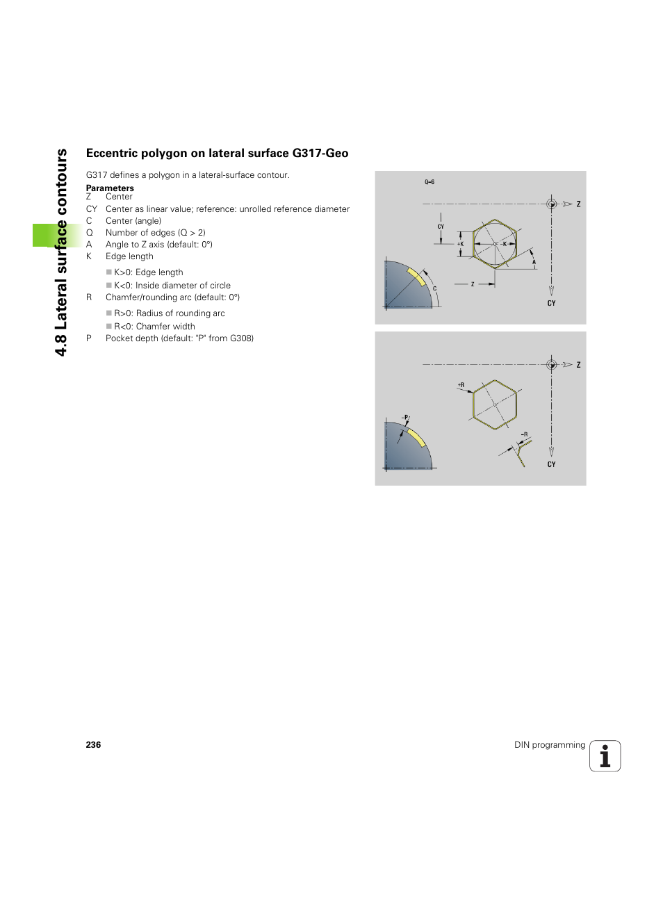 Eccentric polygon on lateral surface g317-geo, 8 lat er al surf ace cont ours | HEIDENHAIN SW 54843x-02 DIN Programming User Manual | Page 236 / 601