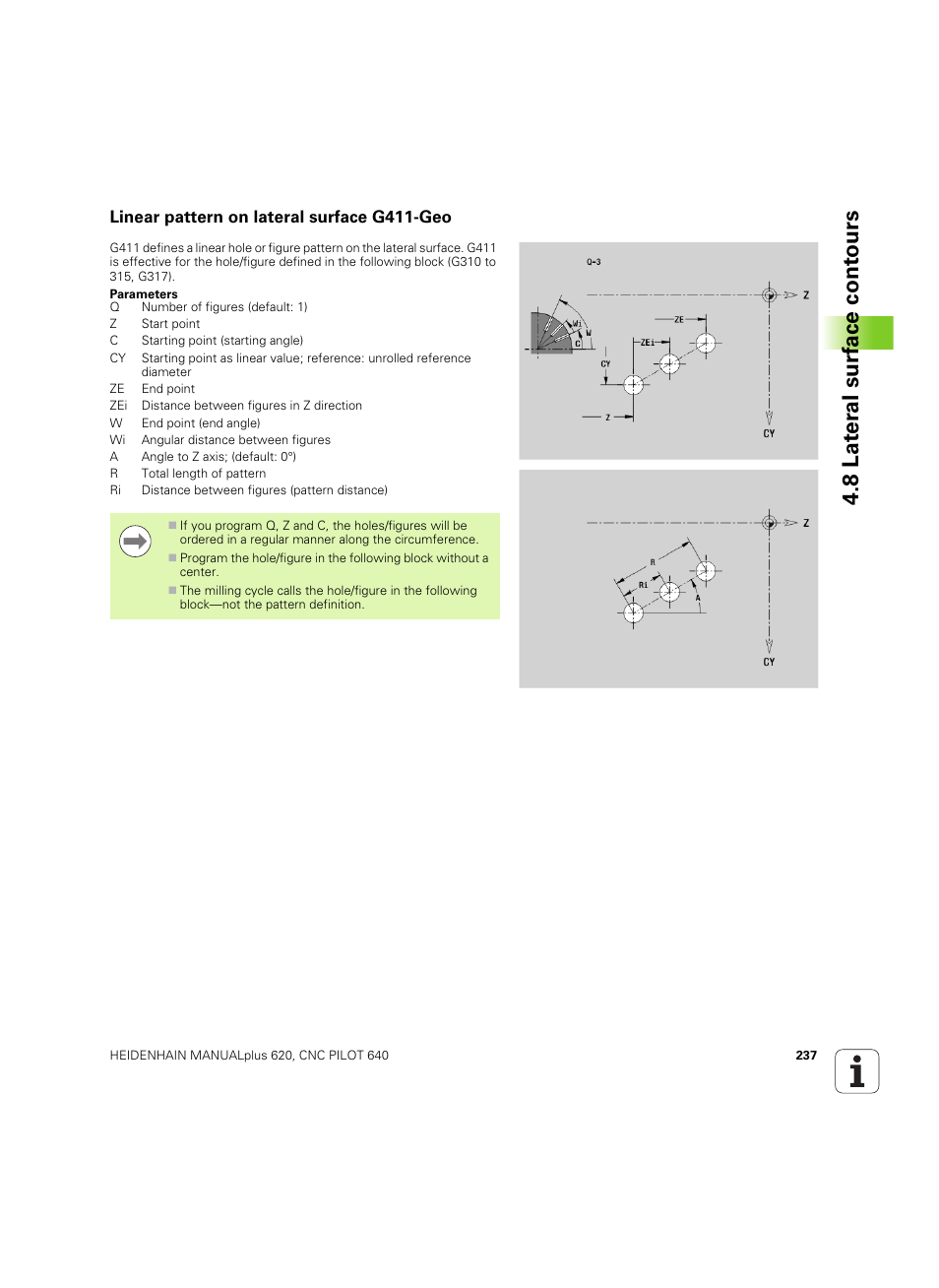 Linear pattern on lateral surface g411-geo, 8 lat er al surf ace cont ours | HEIDENHAIN SW 54843x-02 DIN Programming User Manual | Page 237 / 601