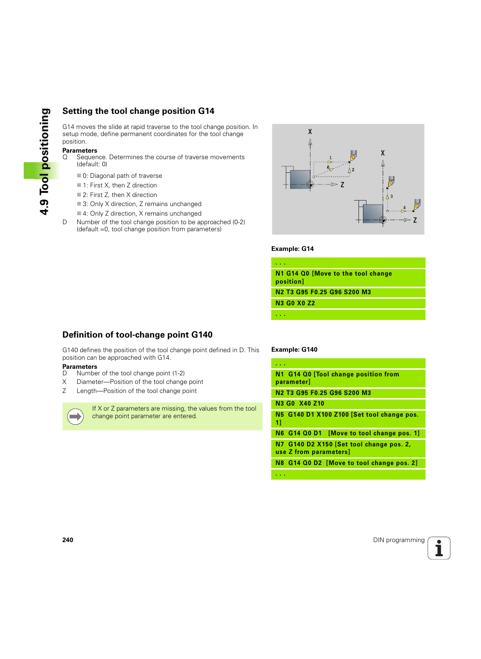 Setting the tool change position g14, Definition of tool-change point g140, 9 t o ol positioning | HEIDENHAIN SW 54843x-02 DIN Programming User Manual | Page 240 / 601
