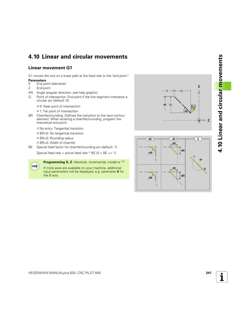 10 linear and circular movements, Linear movement g1 | HEIDENHAIN SW 54843x-02 DIN Programming User Manual | Page 241 / 601