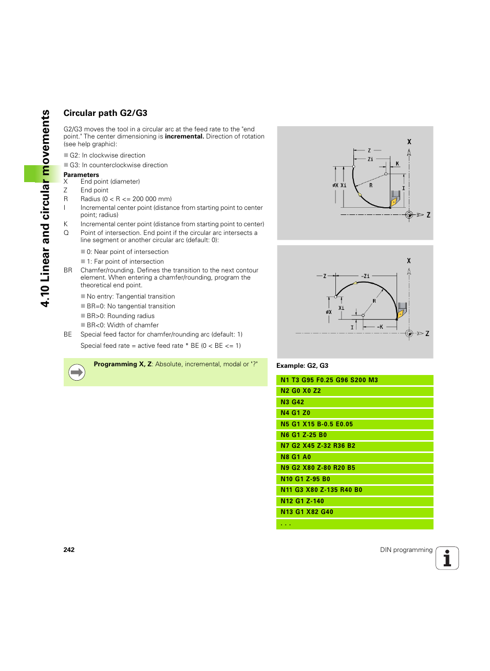 Circular path g2/g3, 1 0 linear and cir c ular mo v e ments | HEIDENHAIN SW 54843x-02 DIN Programming User Manual | Page 242 / 601