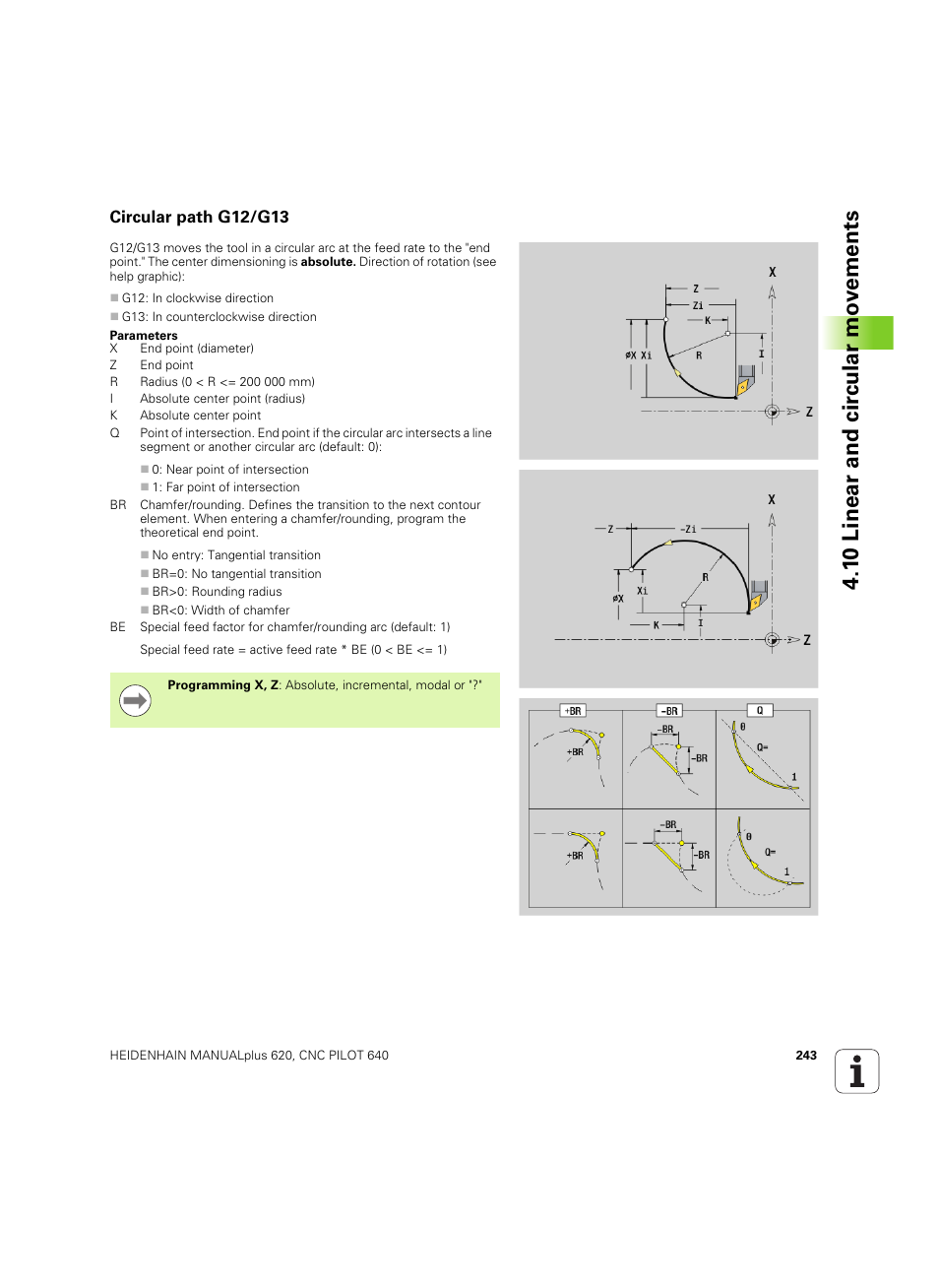 Circular path g12/g13, 1 0 linear and cir c ular mo v e ments | HEIDENHAIN SW 54843x-02 DIN Programming User Manual | Page 243 / 601