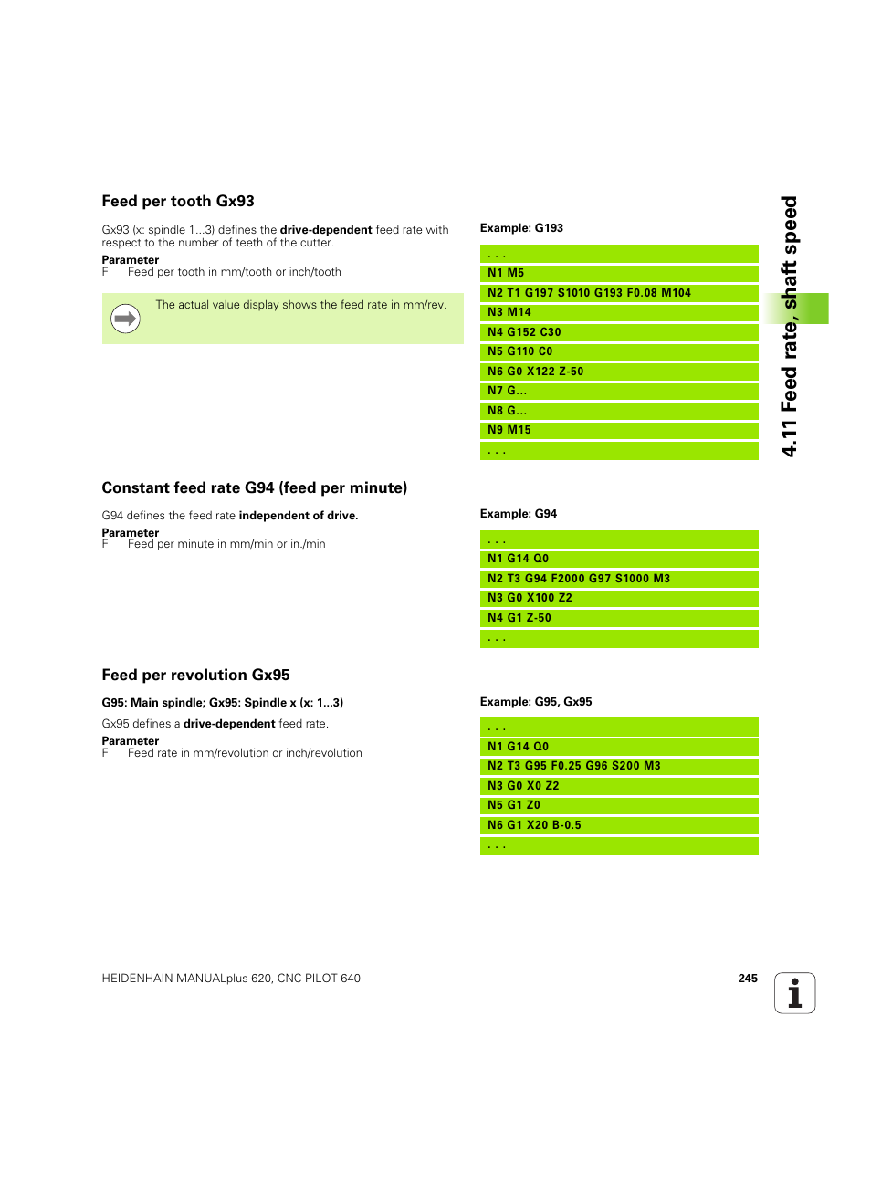 Feed per tooth gx93, Constant feed rate g94 (feed per minute), Feed per revolution gx95 | 1 1 f eed r a te , shaf t speed | HEIDENHAIN SW 54843x-02 DIN Programming User Manual | Page 245 / 601