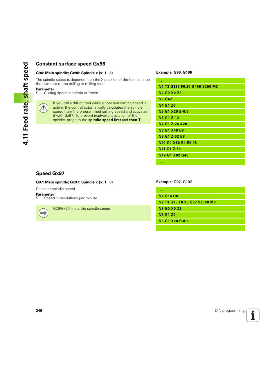 Constant surface speed gx96, Speed gx97, 1 1 f eed r a te , shaf t speed | HEIDENHAIN SW 54843x-02 DIN Programming User Manual | Page 246 / 601