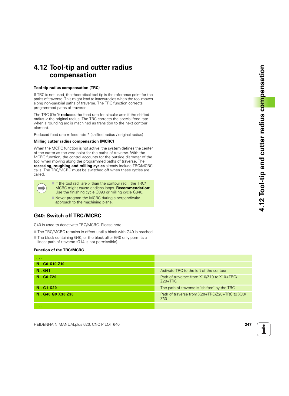 12 tool-tip and cutter radius compensation, G40: switch off trc/mcrc | HEIDENHAIN SW 54843x-02 DIN Programming User Manual | Page 247 / 601