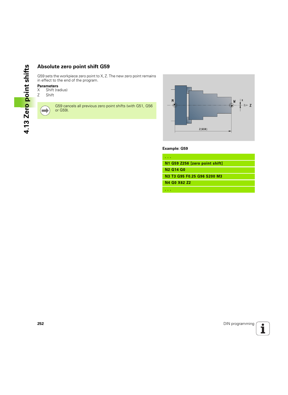 Absolute zero point shift g59, 13 zer o point shif ts | HEIDENHAIN SW 54843x-02 DIN Programming User Manual | Page 252 / 601