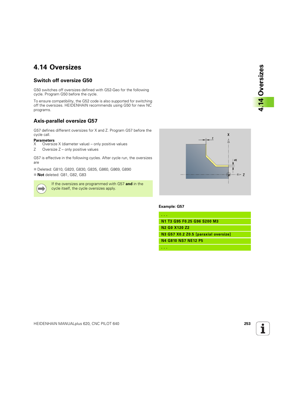 14 oversizes, Switch off oversize g50, Axis-parallel oversize g57 | HEIDENHAIN SW 54843x-02 DIN Programming User Manual | Page 253 / 601