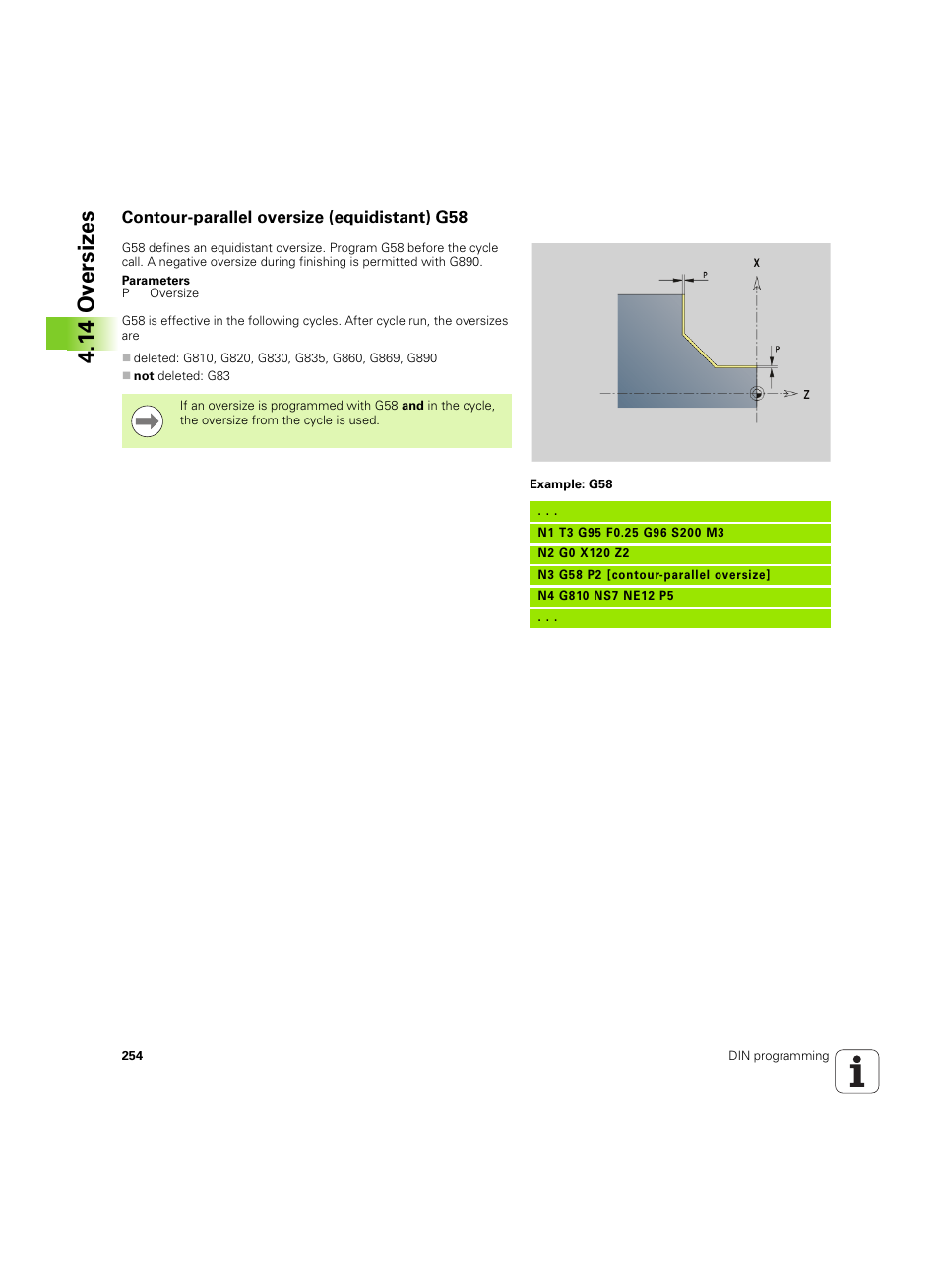 Contour-parallel oversize (equidistant) g58, 14 ov ersiz e s | HEIDENHAIN SW 54843x-02 DIN Programming User Manual | Page 254 / 601