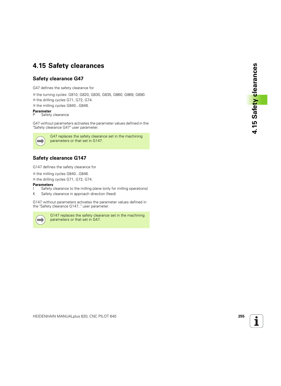 15 safety clearances, Safety clearance g47, Safety clearance g147 | HEIDENHAIN SW 54843x-02 DIN Programming User Manual | Page 255 / 601