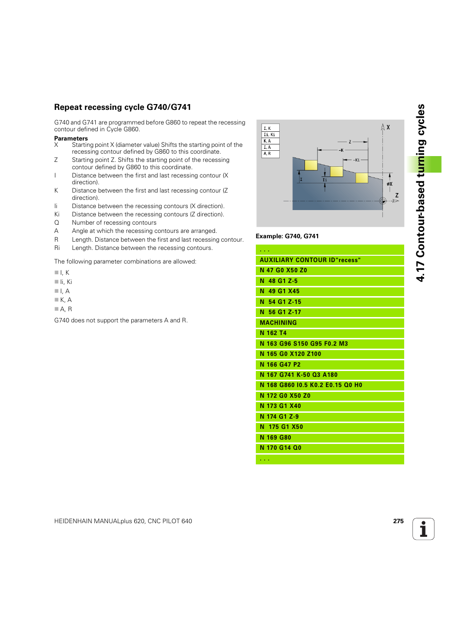 Repeat recessing cycle g740/g741, 1 7 cont our -based t u rn ing cy cles | HEIDENHAIN SW 54843x-02 DIN Programming User Manual | Page 275 / 601