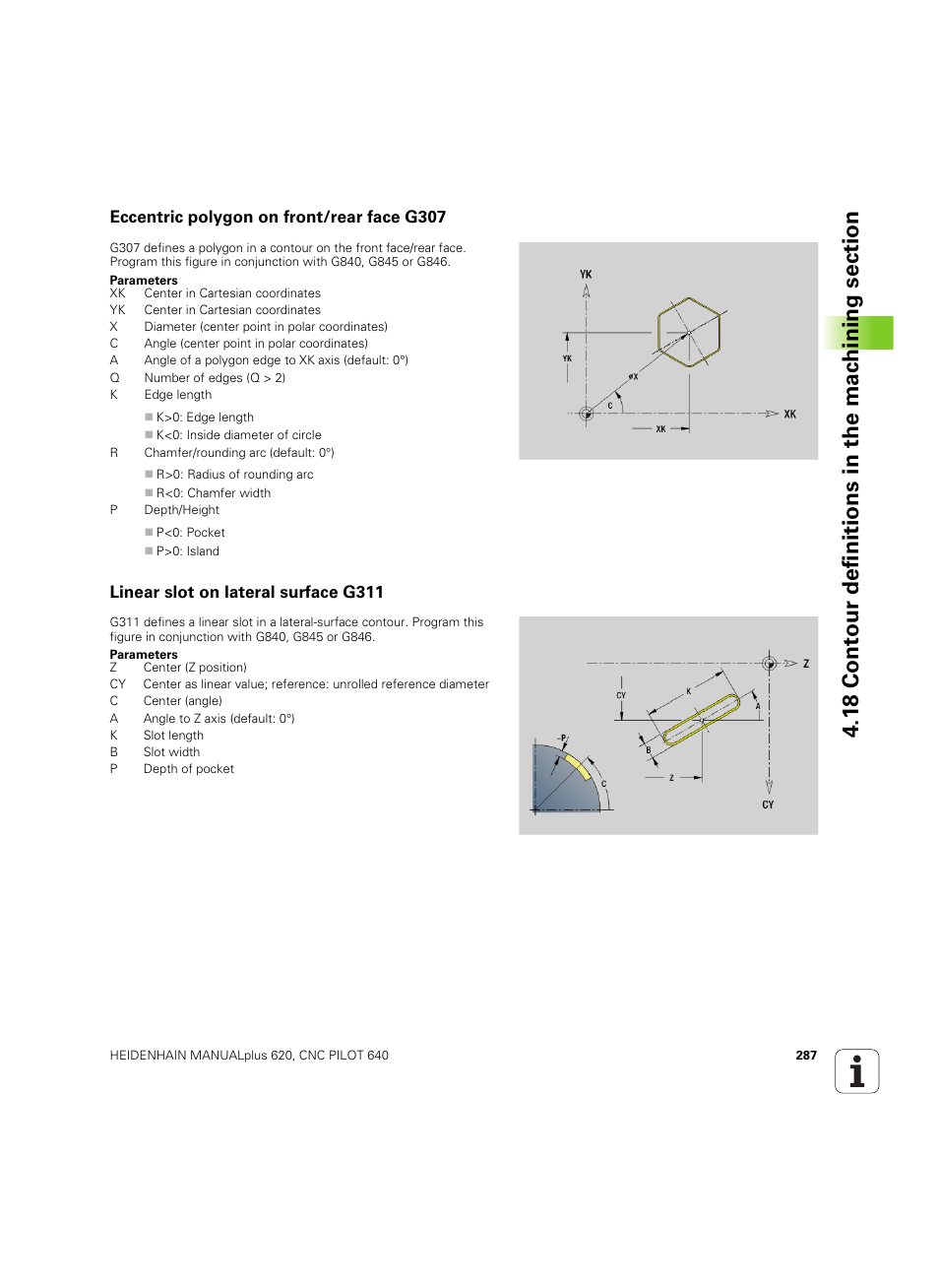 Eccentric polygon on front/rear face g307, Linear slot on lateral surface g311 | HEIDENHAIN SW 54843x-02 DIN Programming User Manual | Page 287 / 601