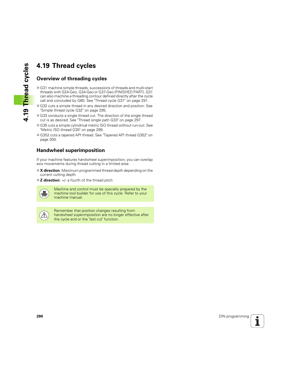 19 thread cycles, Overview of threading cycles, Handwheel superimposition | HEIDENHAIN SW 54843x-02 DIN Programming User Manual | Page 290 / 601