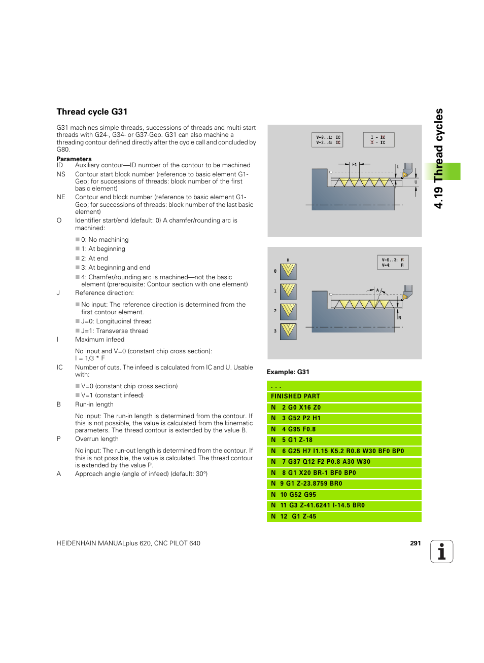 Thread cycle g31, 1 9 thr ead cy cles | HEIDENHAIN SW 54843x-02 DIN Programming User Manual | Page 291 / 601