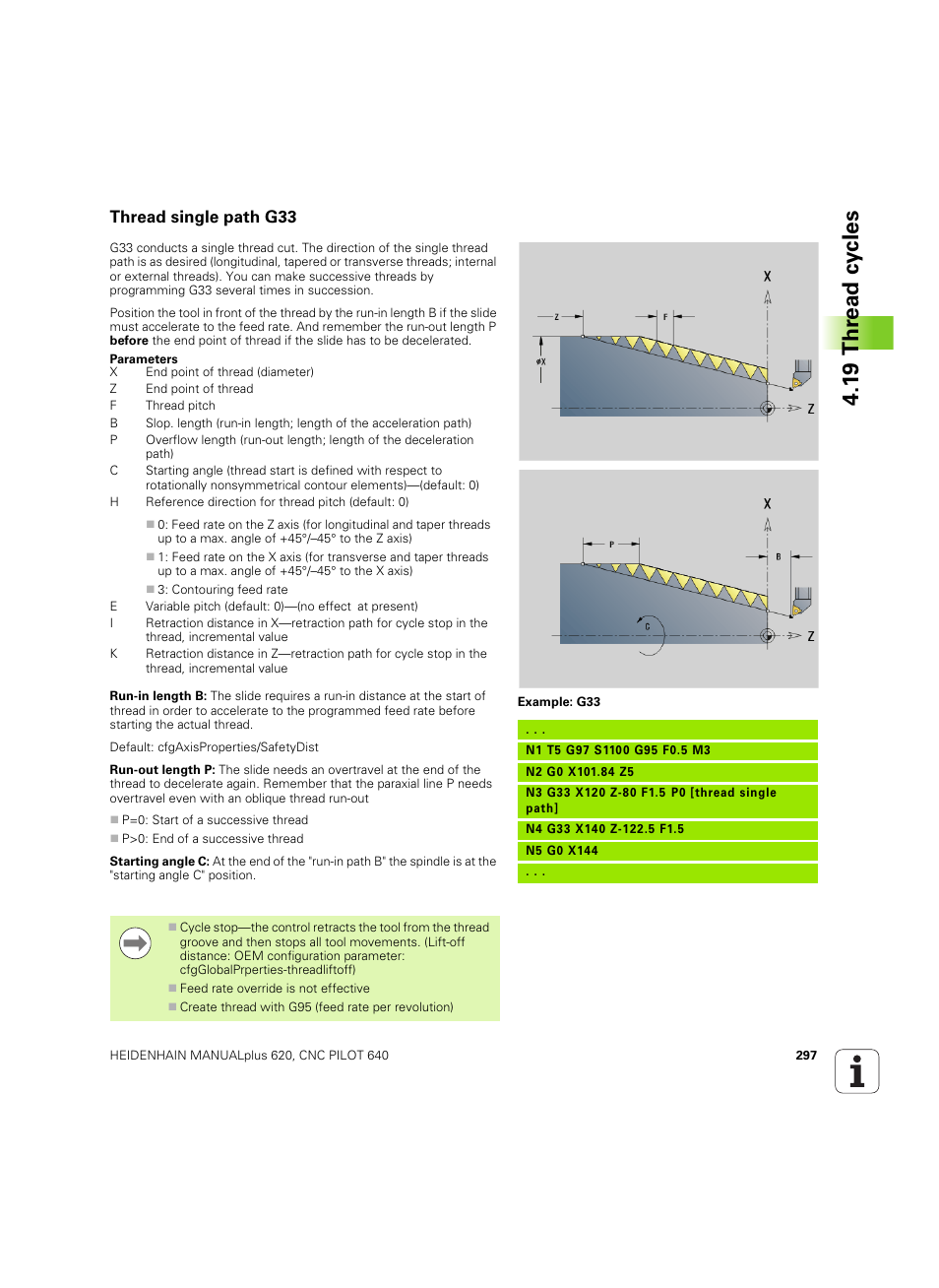 Thread single path g33, 1 9 thr ead cy cles | HEIDENHAIN SW 54843x-02 DIN Programming User Manual | Page 297 / 601