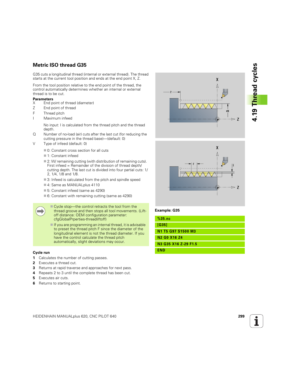 Metric iso thread g35, 1 9 thr ead cy cles | HEIDENHAIN SW 54843x-02 DIN Programming User Manual | Page 299 / 601