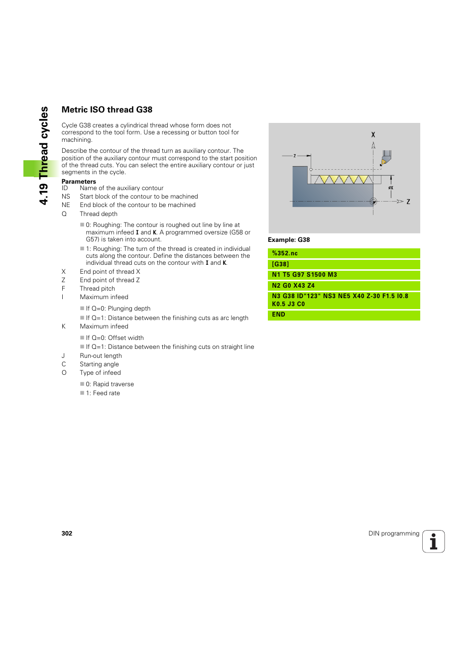 Metric iso thread g38, 1 9 thr ead cy cles | HEIDENHAIN SW 54843x-02 DIN Programming User Manual | Page 302 / 601