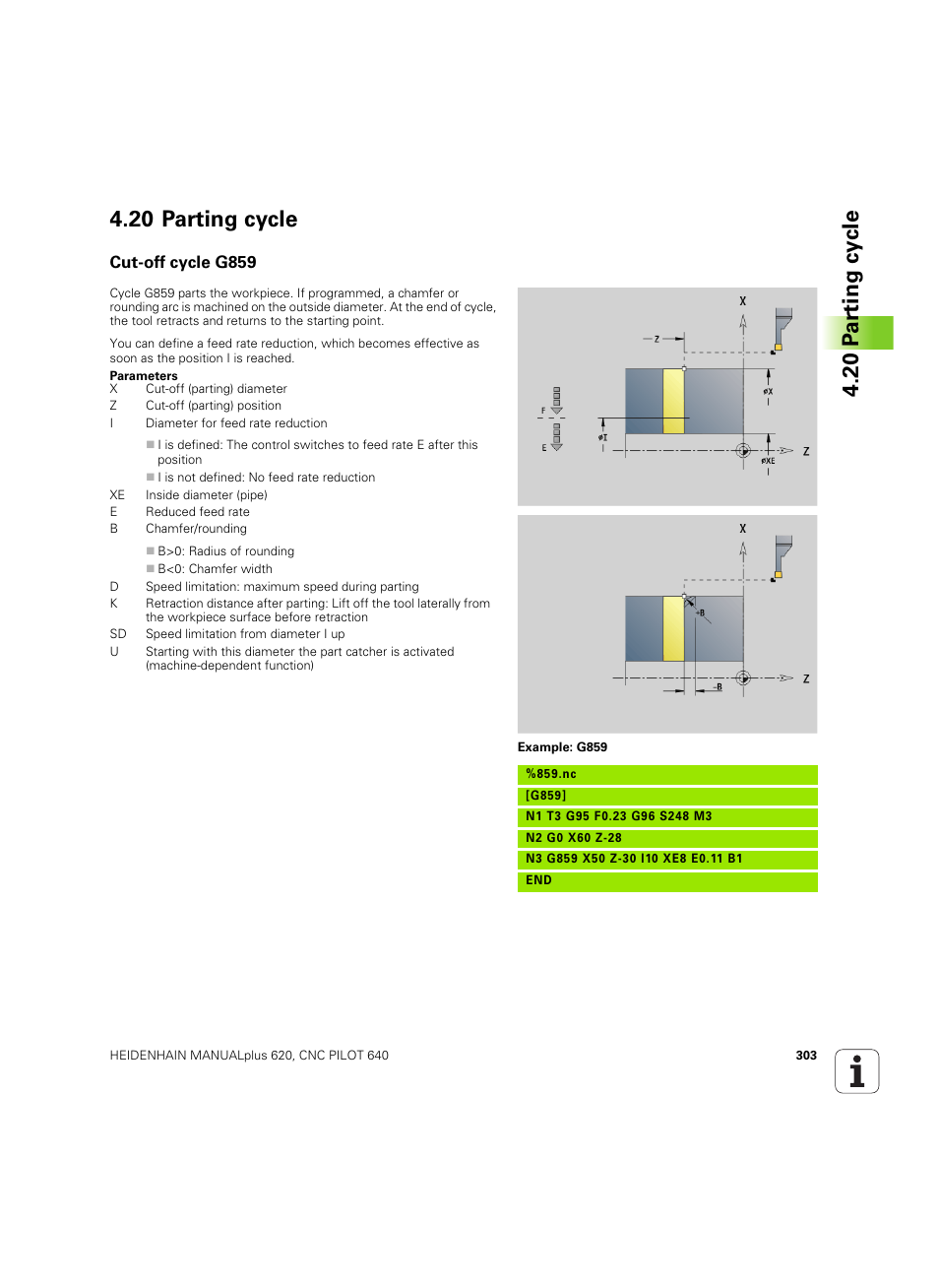 20 parting cycle, Cut-off cycle g859 | HEIDENHAIN SW 54843x-02 DIN Programming User Manual | Page 303 / 601