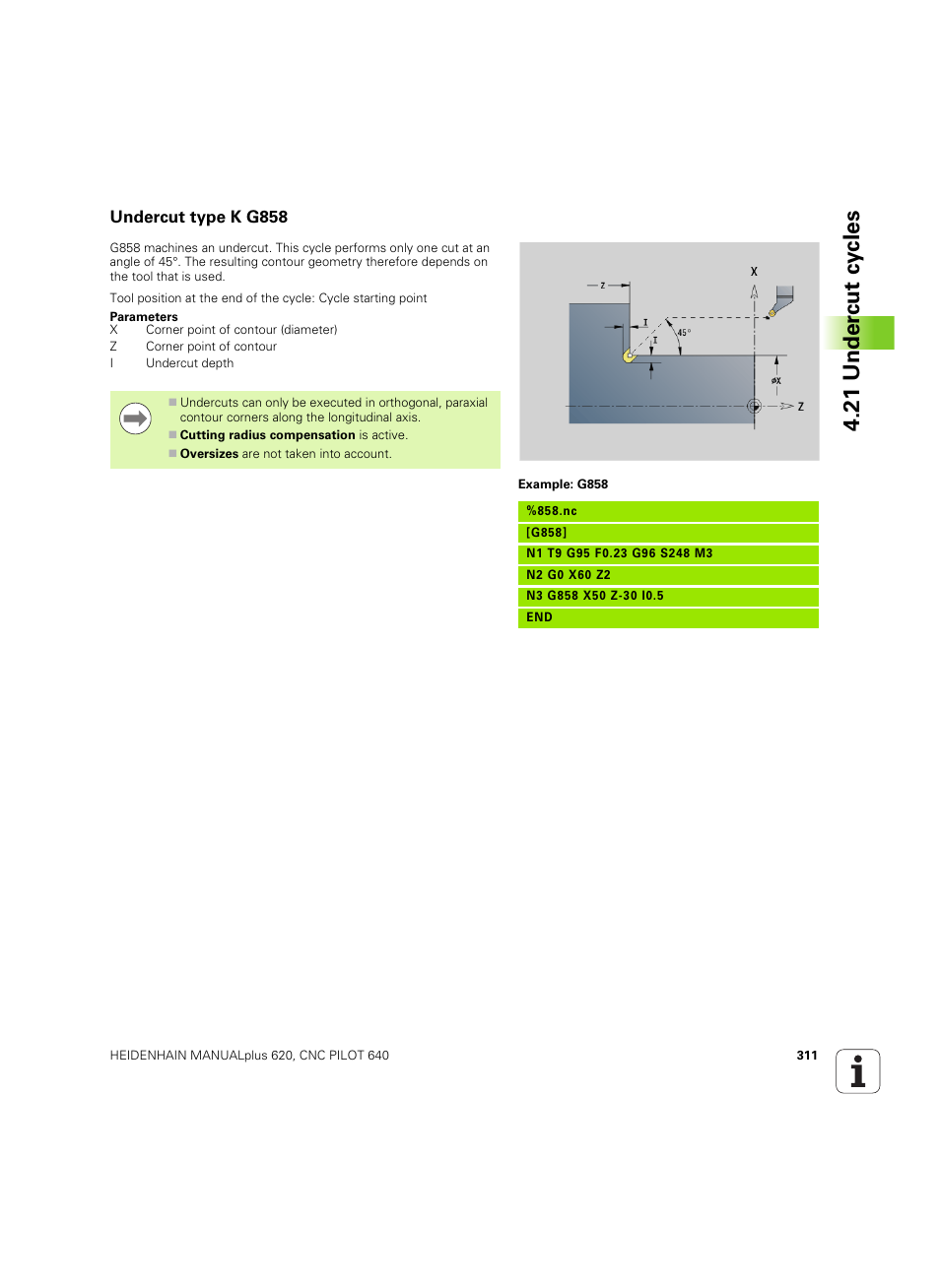 Undercut type k g858, 21 under c ut cy cles | HEIDENHAIN SW 54843x-02 DIN Programming User Manual | Page 311 / 601