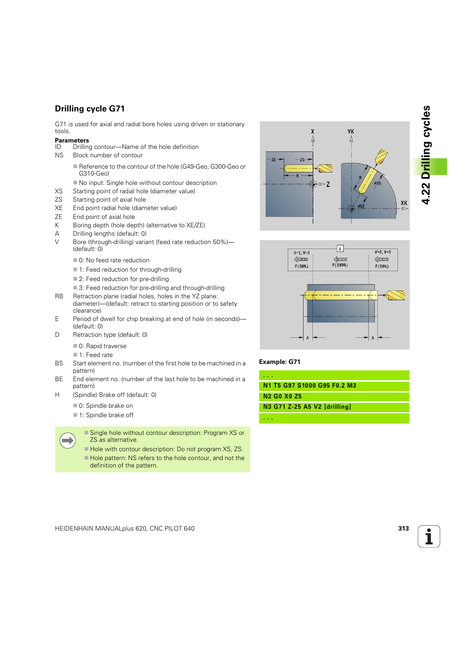 Drilling cycle g71, 22 dr illing cy cles | HEIDENHAIN SW 54843x-02 DIN Programming User Manual | Page 313 / 601