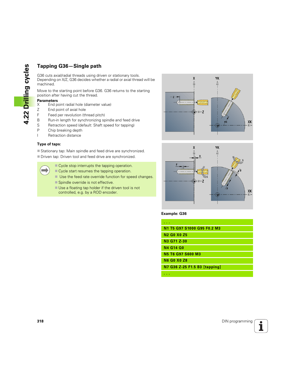 Tapping g36—single path, 22 dr illing cy cles | HEIDENHAIN SW 54843x-02 DIN Programming User Manual | Page 318 / 601