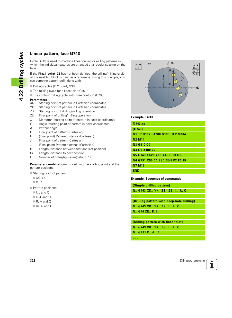 Linear pattern, face g743, 22 dr illing cy cles | HEIDENHAIN SW 54843x-02 DIN Programming User Manual | Page 322 / 601
