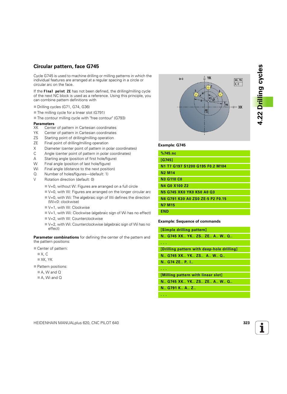 Circular pattern, face g745, 22 dr illing cy cles | HEIDENHAIN SW 54843x-02 DIN Programming User Manual | Page 323 / 601